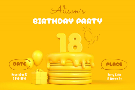 Fabulous Yellow Birthday Party Invitation Flyer 4x6in Horizontal Design Template