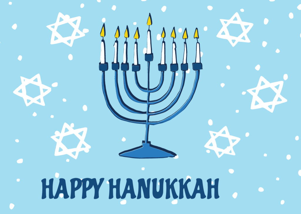 Lovely Illustrated Hanukkah Greetings With Menorah In Blue Postcard 5x7in Šablona návrhu