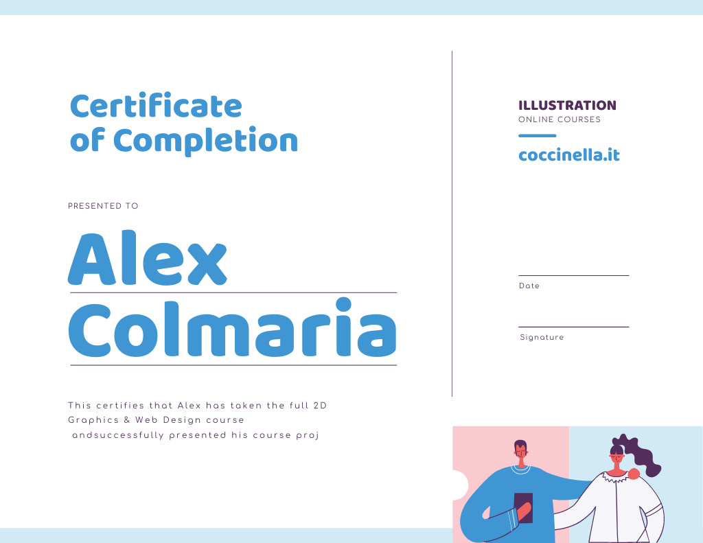 Ontwerpsjabloon van Certificate van Online design Course Completion with happy students