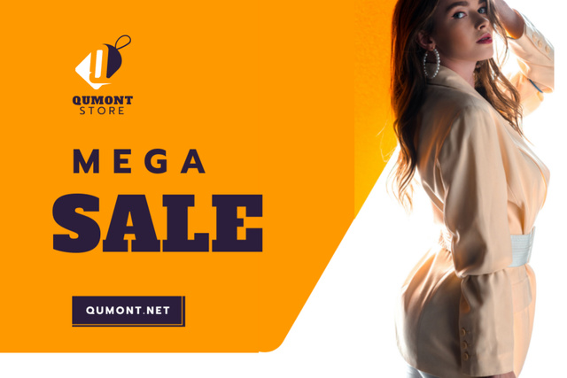Offer on Mega Sale in Fashion Store with Young Woman in Stylish Outfit Flyer 4x6in Horizontalデザインテンプレート