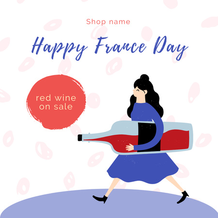 Confident Woman with Large Bottle of Wine on France Day Instagram Design Template