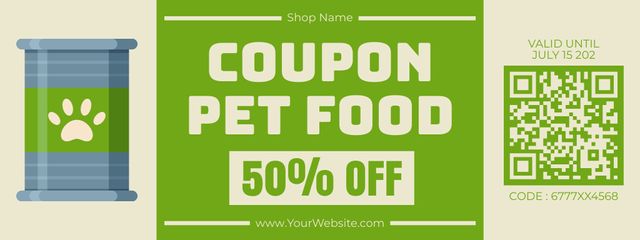 Pet Food Cans Sale Ad on Green Coupon Design Template