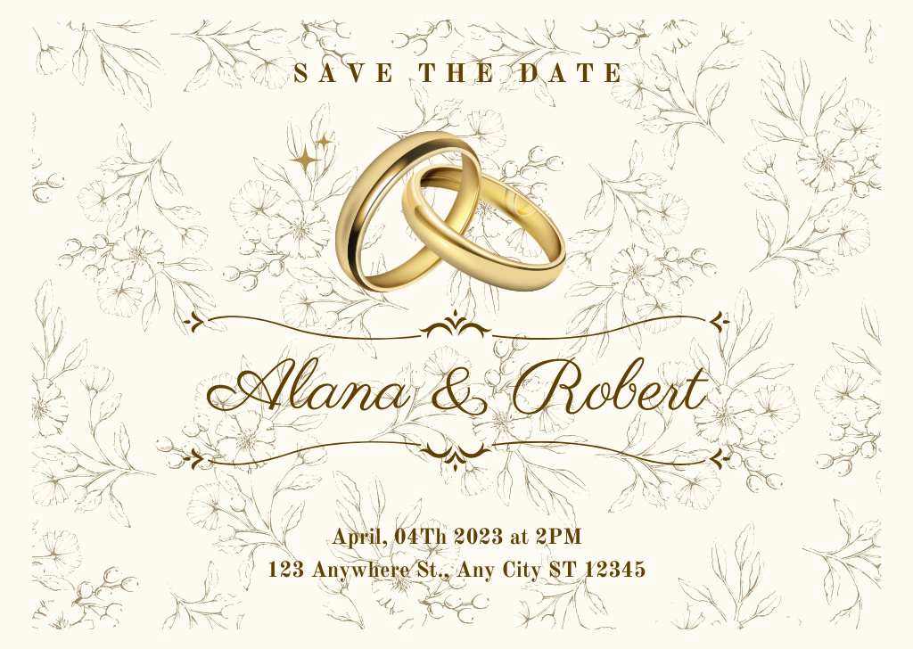 Plantilla de diseño de Save the Date Wedding Announcement with Golden Rings Card 