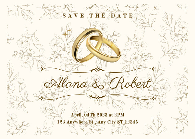 Save the Date Wedding Announcement with Golden Rings Card tervezősablon