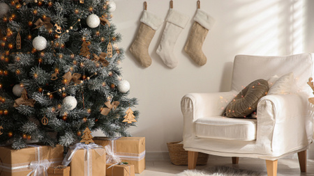 Árvore de Natal com decoração em madeira Zoom Background Modelo de Design