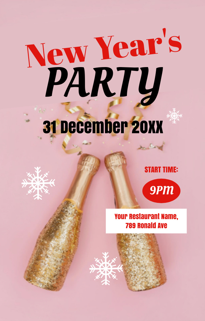Ontwerpsjabloon van Invitation 4.6x7.2in van New Year Party Announcement with Champagne Bottles