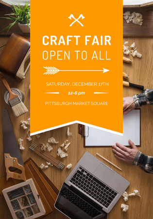 Craft Fair Event's Orange Ad with Woodwork Tools Poster 28x40in Design Template