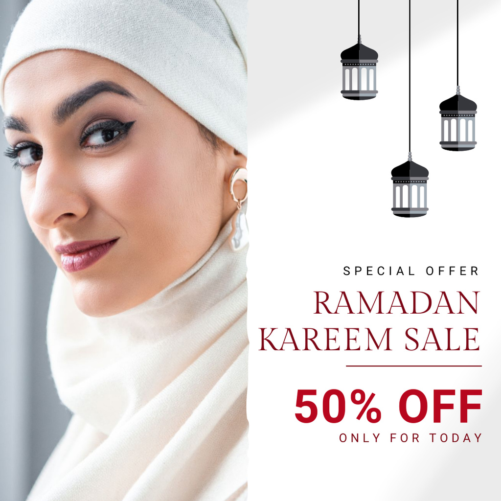 Platilla de diseño Ramadan Special Discount Announcement with Attractive Arab Woman in Hijab Instagram