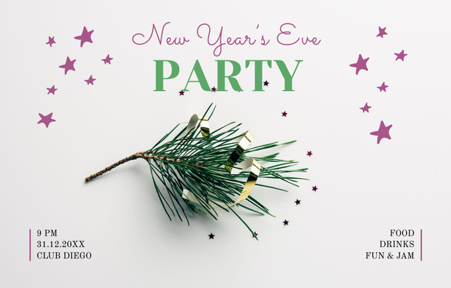 New Year Party Announcement with Pine Branch Invitation 4.6x7.2in Horizontal Design Template