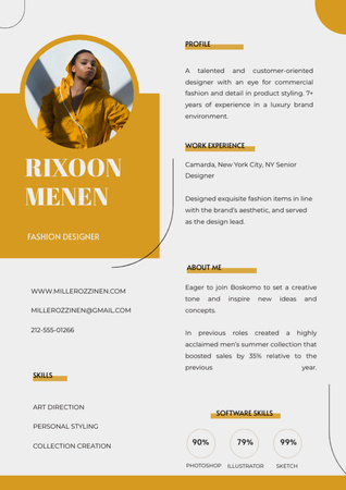 黄色のデザインのファッションデザイナーの履歴書 Resumeデザインテンプレート