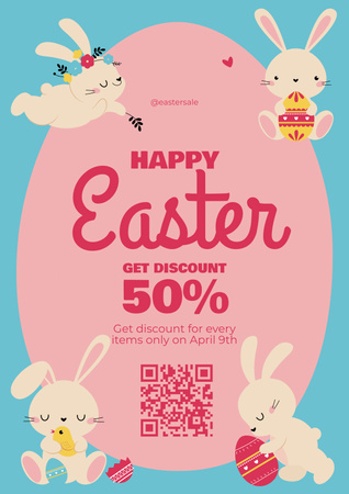Velikonoční prázdninová nabídka s roztomilými králíky a velikonočními barvenými vajíčky Poster Šablona návrhu