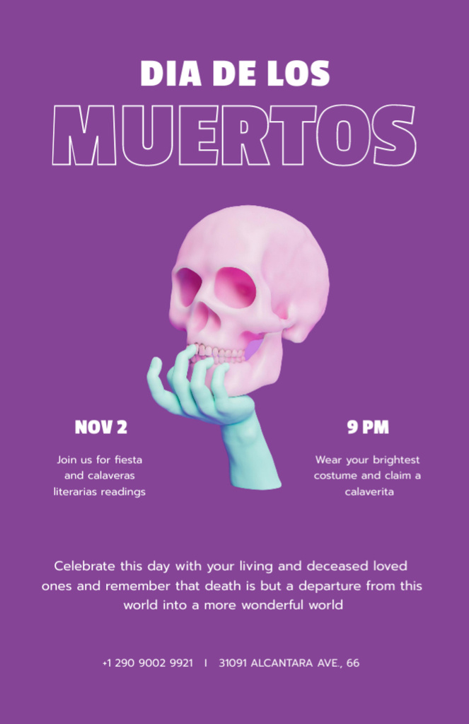 Dia de los Muertos Holiday Celebration Announcement With Skull Invitation 5.5x8.5in tervezősablon