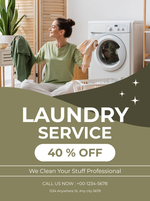 Discount Offer for Laundry Services with Woman Poster US Modelo de Design