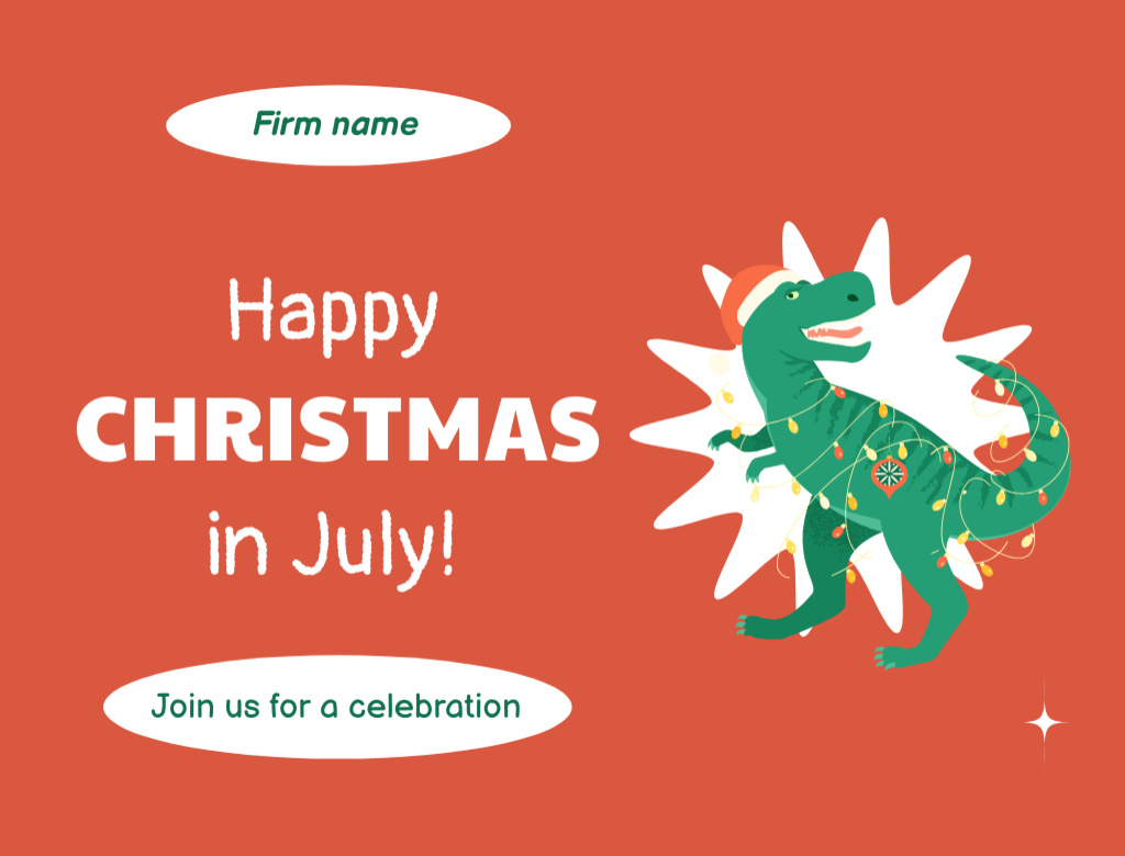 Christmas in July Party Ad with Dinosaur in Santa Hat Postcard 4.2x5.5in – шаблон для дизайну