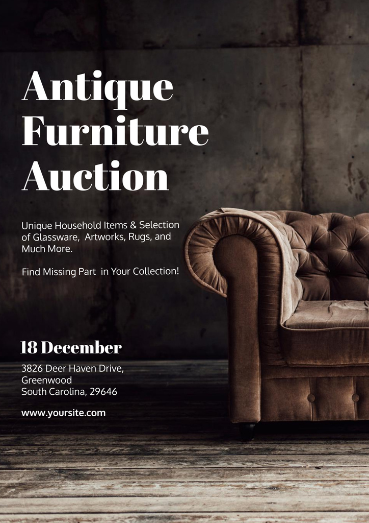 Antique Furniture Auction Luxury Brown Armchair Poster Tasarım Şablonu