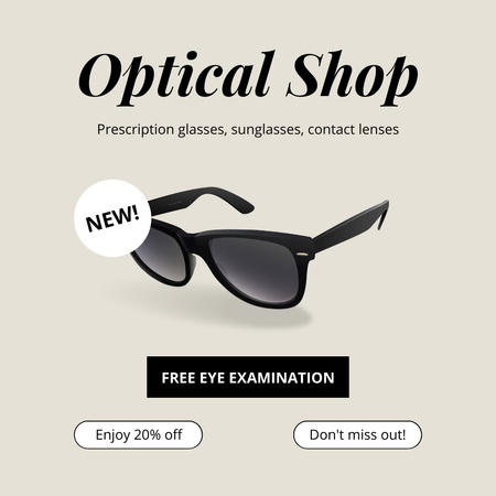 Plantilla de diseño de Nueva promoción de tienda óptica con gafas de sol Instagram 