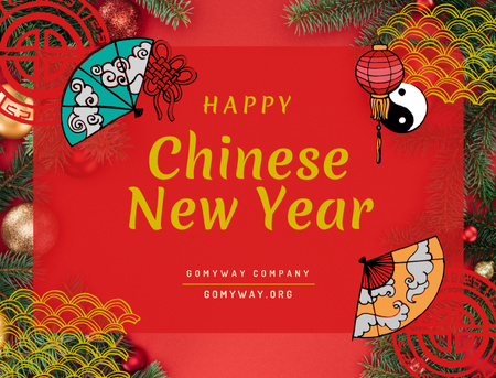 Chinese New Year Greeting With Festive Symbols in Red Postcard 4.2x5.5in Design Template