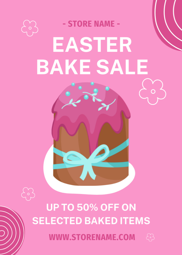 Easter Bake Sale Announcement with Easter Cake on Pink Flayer Modelo de Design