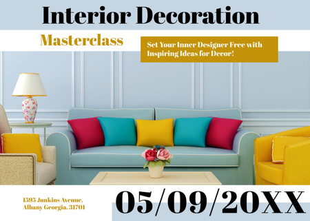 Ontwerpsjabloon van Postcard 5x7in van Masterclass Interieurdecoratie Met Kleurrijke Zaal
