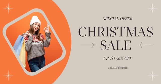 Woman on Christmas Shopping Grey and Orange Facebook AD Design Template