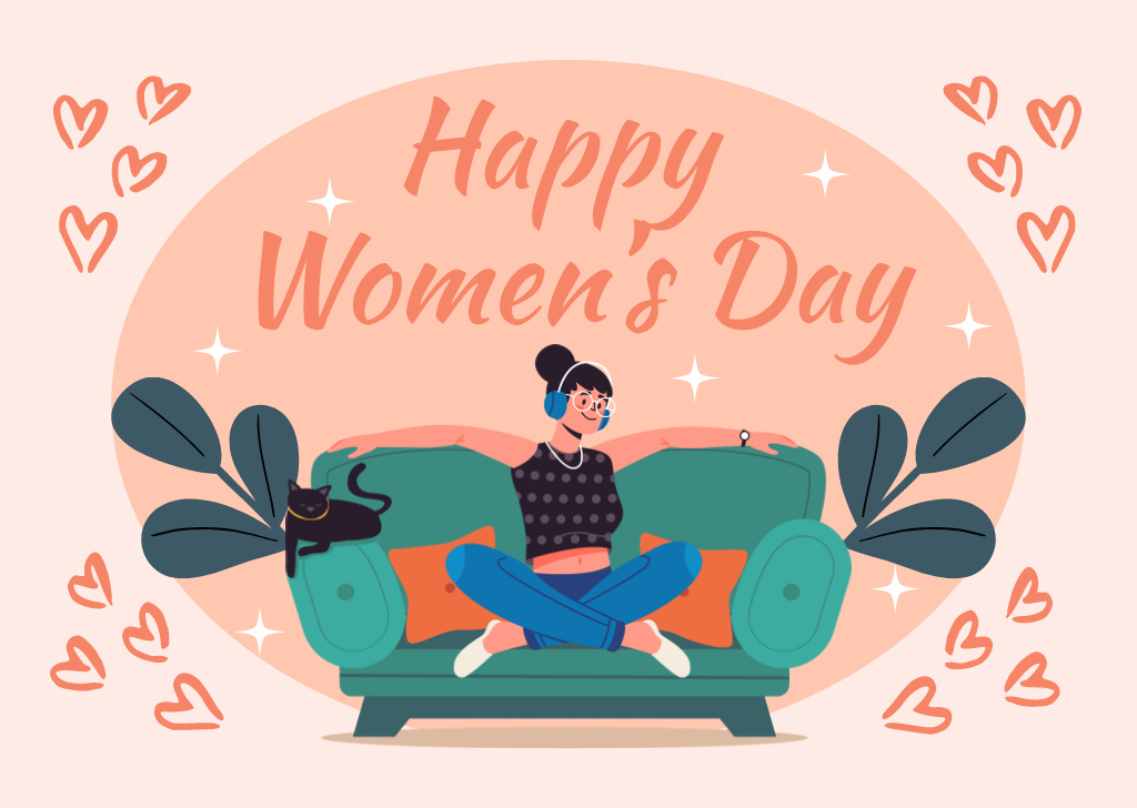 Ontwerpsjabloon van Card van Women's Day Greeting with Illustration of Woman on Sofa