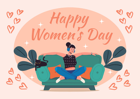 Designvorlage Gruß zum Frauentag mit Illustration der Frau auf dem Sofa für Card