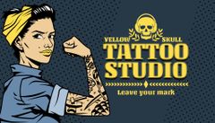 Illustrated Skull And Tattoo Studio Service Offer In Blue