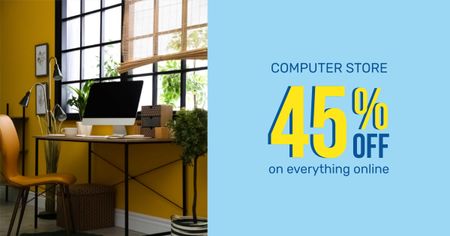 Online Computer Store Offer with Cozy Workplace Facebook AD Modelo de Design