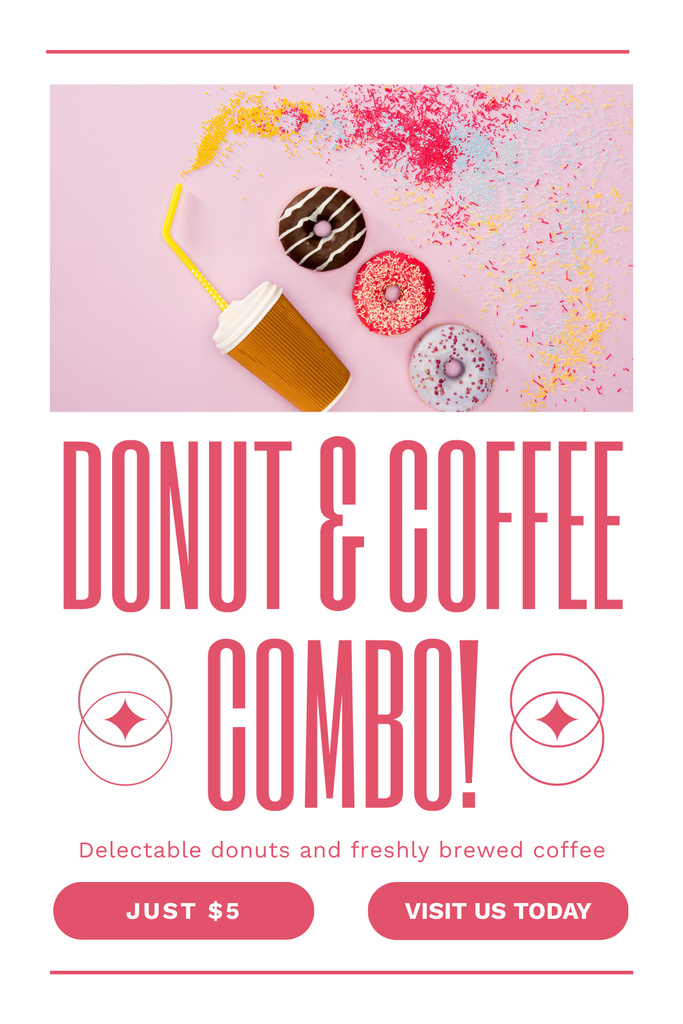 Doughnut and Coffee Combo Ad with Cup and Donuts Pinterest Design Template