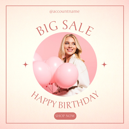 Birthday Products Sale with Woman Holding Baloons Instagram Design Template