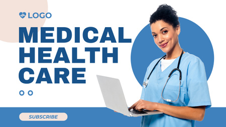 Healthcare Services with Doctor is using Laptop Youtube Thumbnail Design Template