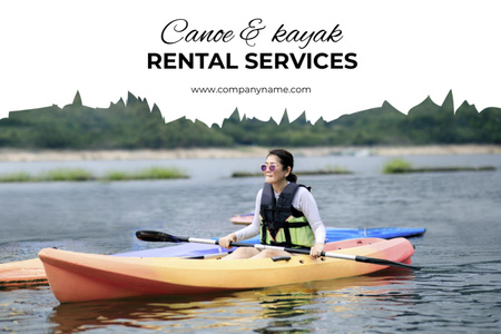 Plantilla de diseño de Oferta de servicios de alquiler de kayaks y canoas con paisajes panorámicos. Postcard 4x6in 