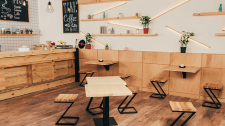 Cozy wooden empty Coffee Shop Zoom Background Design Template