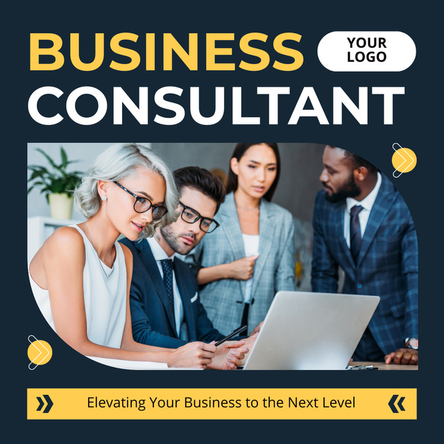 Business Consulting Services with Team using Laptop LinkedIn post tervezősablon
