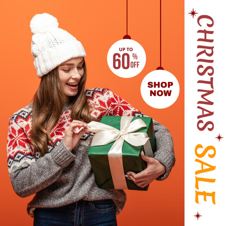 Woman with Gift on Christmas Sale Orange Instagram AD Design Template