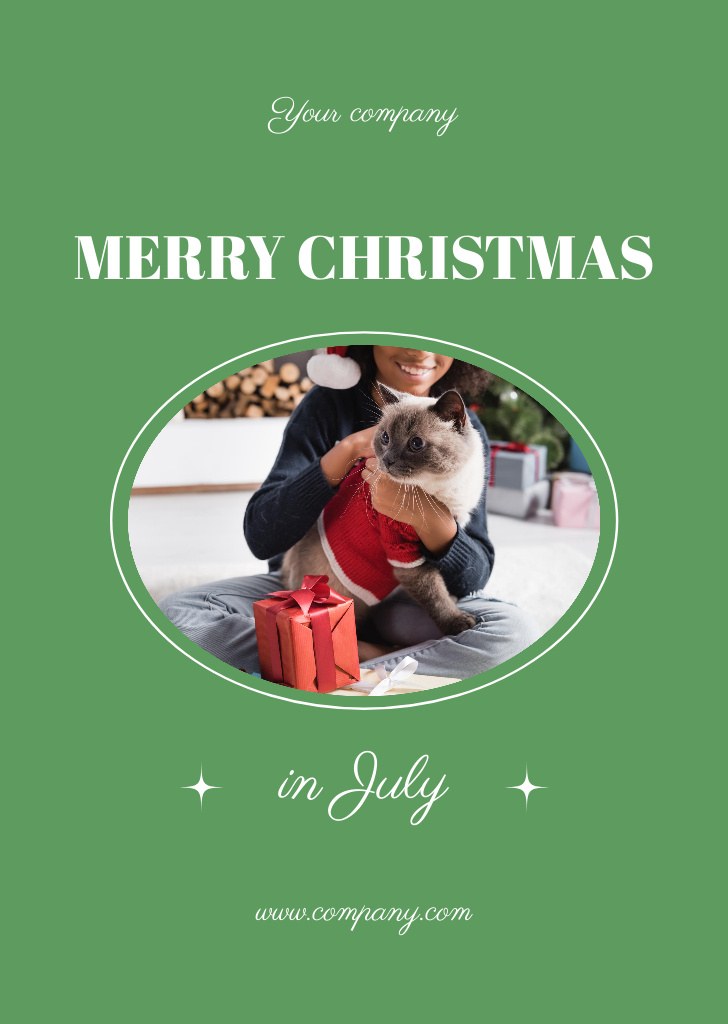 Christmas in July Greeting with Cat on Green Postcard A6 Vertical Design Template