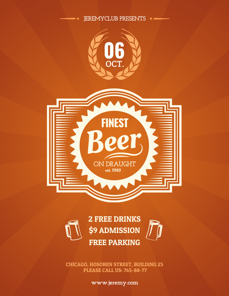 Awesome Beer Pub Ad in Orange Color Flyer 8.5x11in Design Template