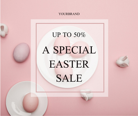 Template di design Annuncio di vendita di Pasqua con uova di Pasqua pastello su rosa Facebook
