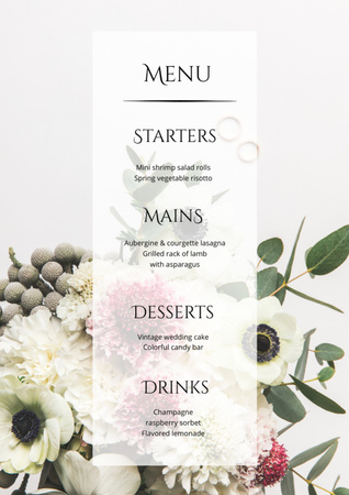 Wedding Food Course on Background of Flowers Menu Design Template
