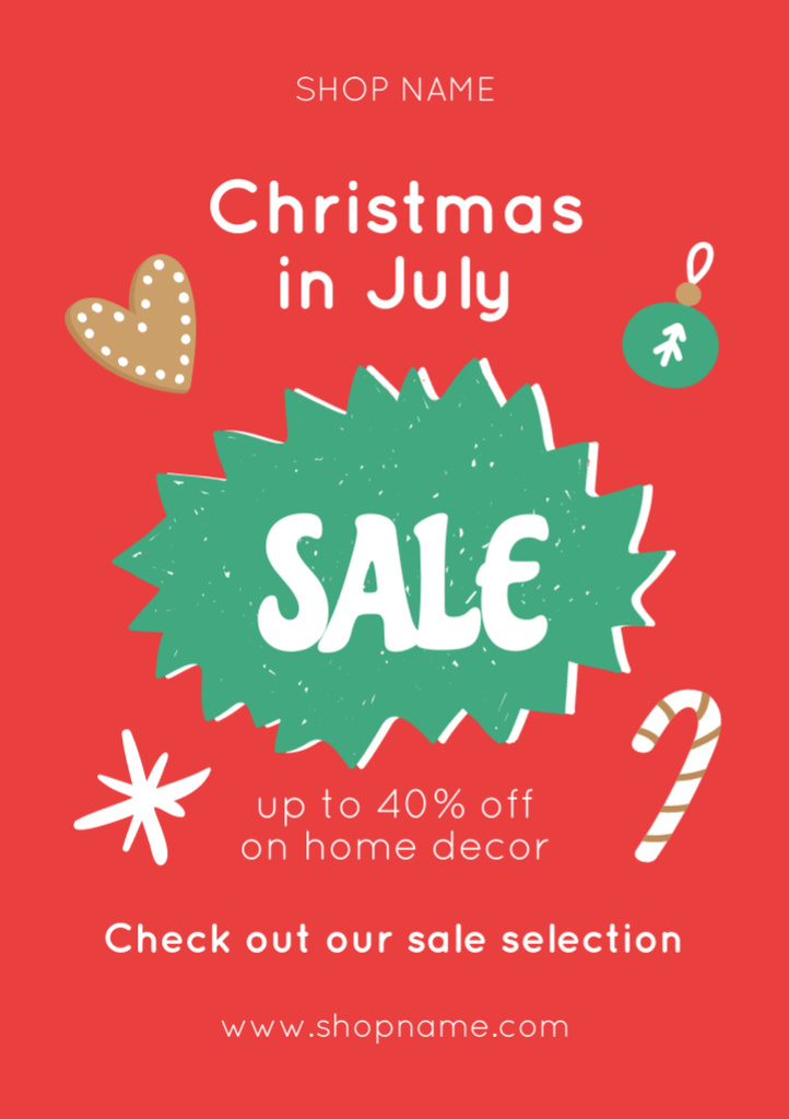 July Christmas Sale Announcement with Cute Doodles Flyer A7 – шаблон для дизайна