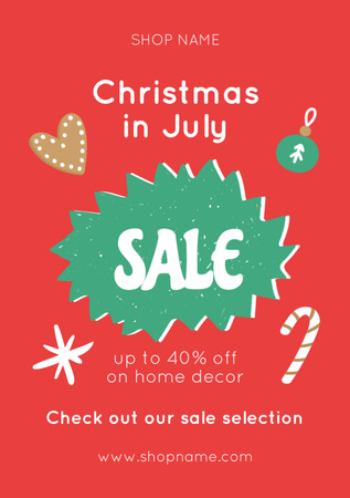 July Christmas Sale Announcement with Cute Doodles Flyer A7 Πρότυπο σχεδίασης