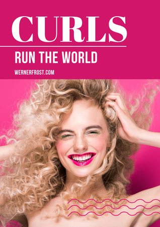 Ontwerpsjabloon van Poster van Curls Care Tips met lachende mooie vrouw