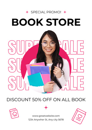 Ontwerpsjabloon van Poster van Hispanic Young Woman on Bookstore's Ad