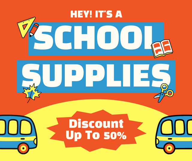 School Supplies Discount Announcement with Buses Facebook Design Template