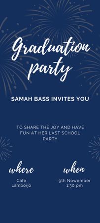 Graduation Party Announcement with Fireworks on Blue Invitation 9.5x21cm Design Template