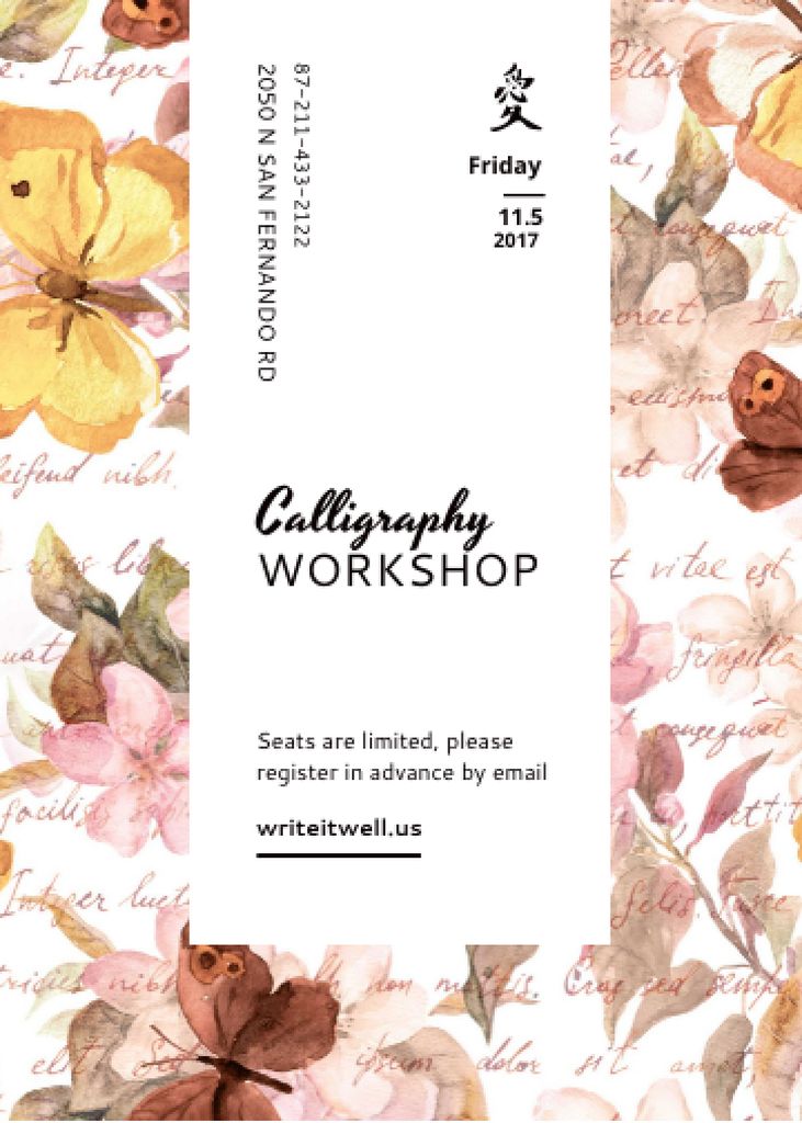 Ontwerpsjabloon van Invitation van Calligraphy Workshop Announcement Watercolor Flowers