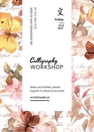 Calligraphy Workshop Announcement Watercolor Flowers Invitation Modelo de Design