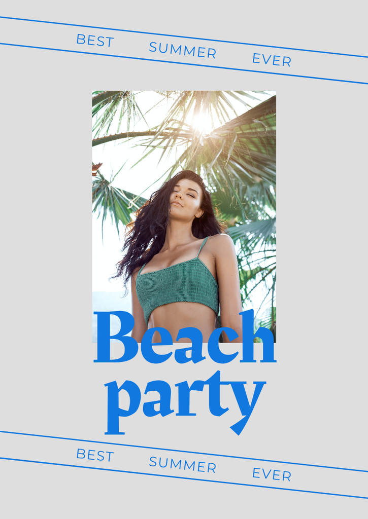 Summer Beach Party Announcement with Woman in Swimsuit Poster A3 Tasarım Şablonu