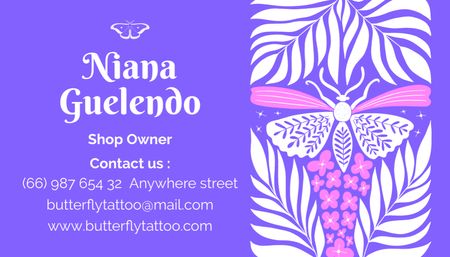 Предложение услуг мастера татуировки бабочки в фиолетовом цвете Business Card US – шаблон для дизайна