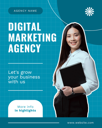 Digitális marketing ügynökségi szolgáltatásokat kínál ázsiai nővel Instagram Post Vertical tervezősablon